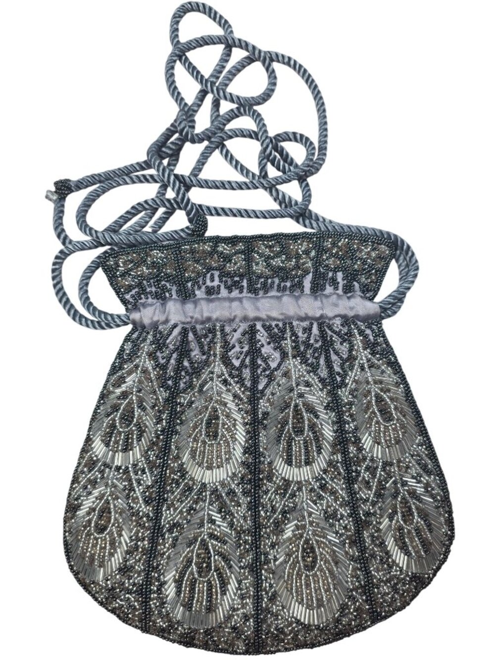 Beaded Peacock Feather Drawstring Evening Bag With Satin Lining & Rope Strap